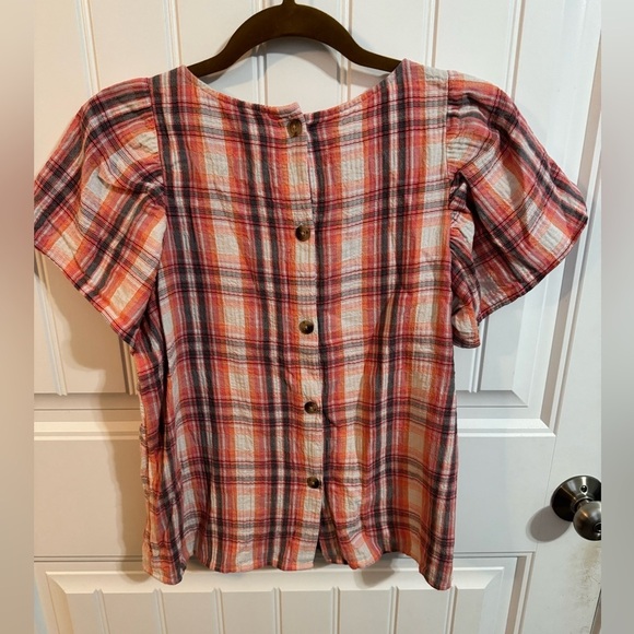 LOFT Plaid Flutter Sleeve Top With Button Detail Down Back - Picture 6 of 8